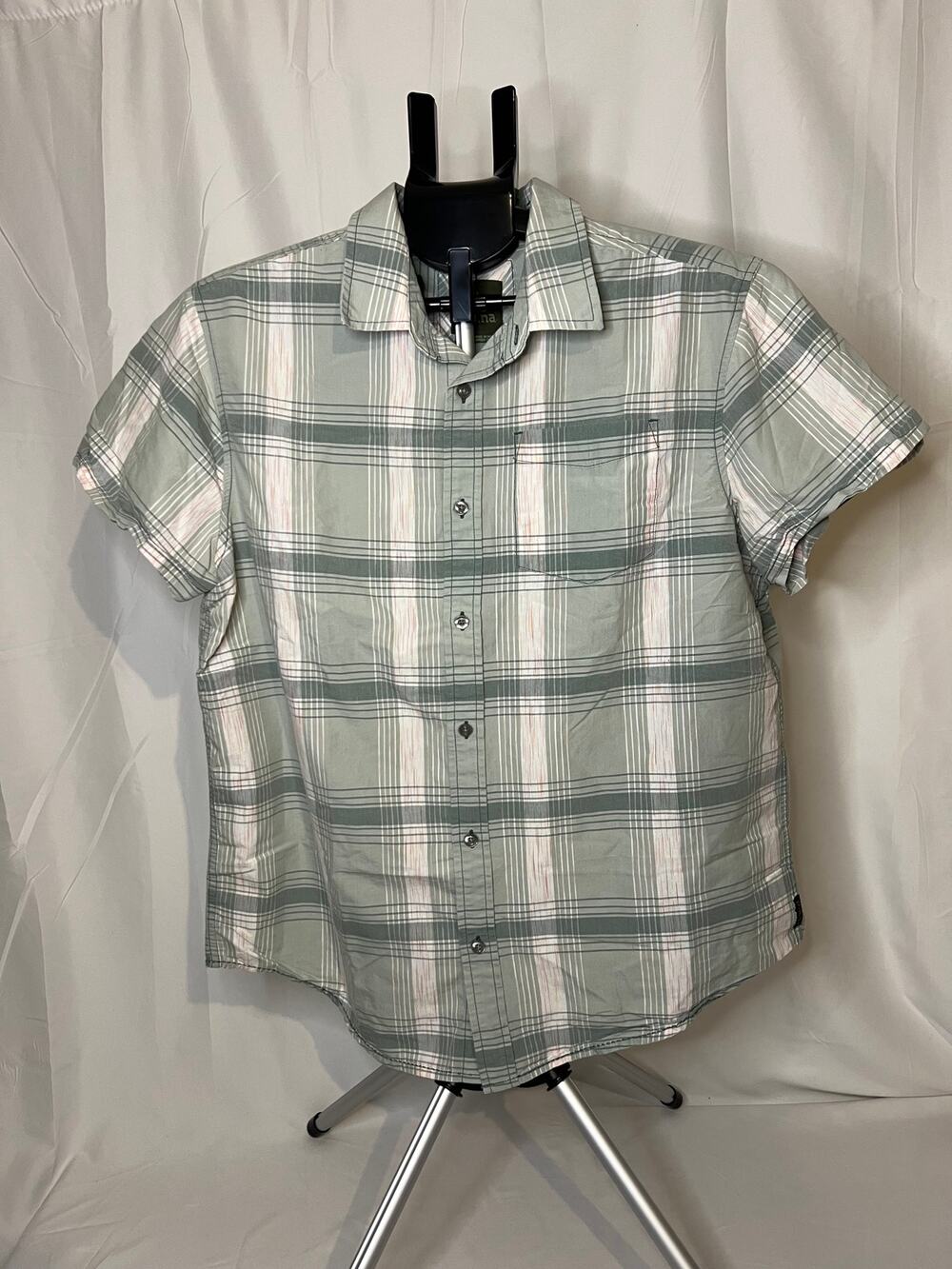 prAna Button Up Short Sleeve Shirt Mens L Green Plaid (B70068)